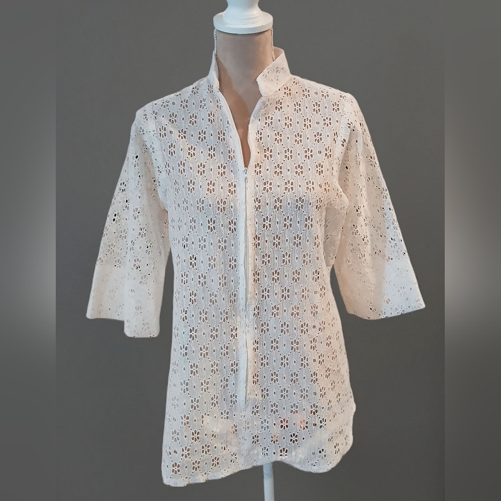 Vtg Union Made Dotti 1/2 Zip Lacy Eyelet Womans Blouse Size Medium